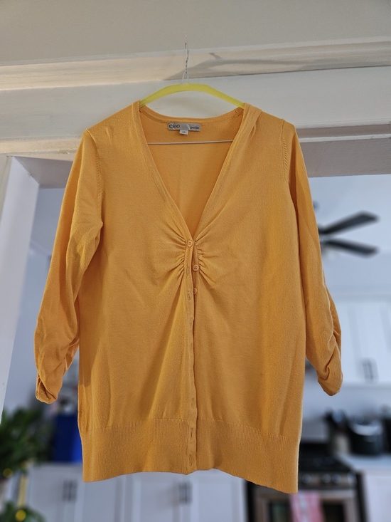 cleo Sweaters - Cleo Yellow Ruched V-Neck Cardigan Sweater